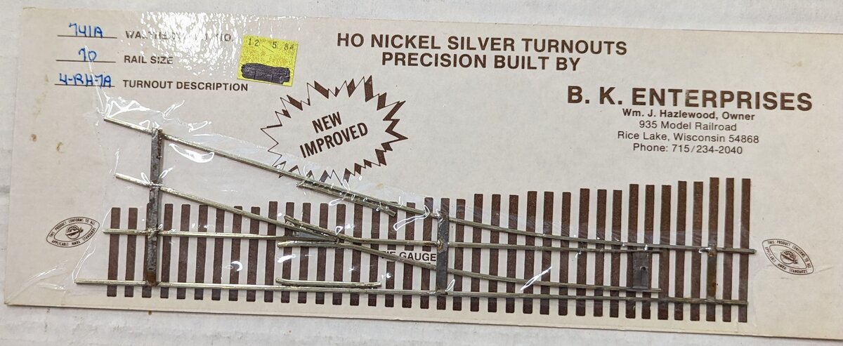 BK Enterprises 741A HO 70 Nickel Silver Turnout 4-RH-7A