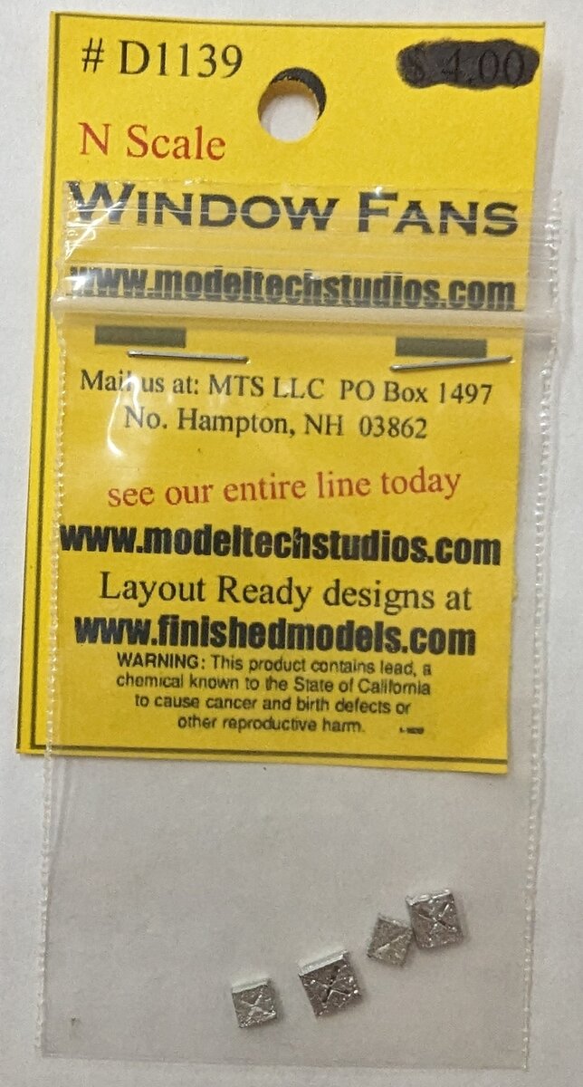 Model Tech Studios D1139 N Scale Window Fans (Pack of 4)