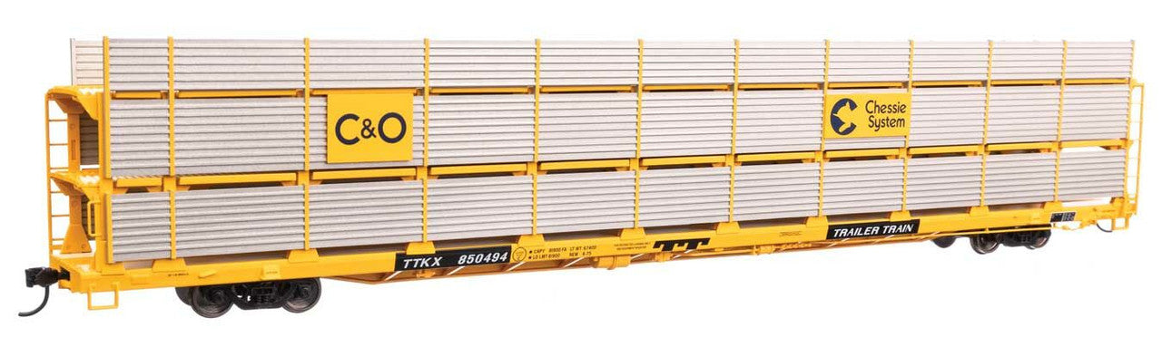 Walthers 910-8308 HO C&O 89' Flatcar w/ Tri-Level Shielded Auto Rack RTR #850494