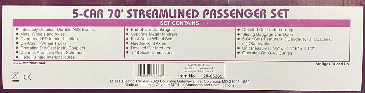 MTH 20-65265 O Norfolk Southern 70' ABS Smooth Passenger Car Set (Set of 5)