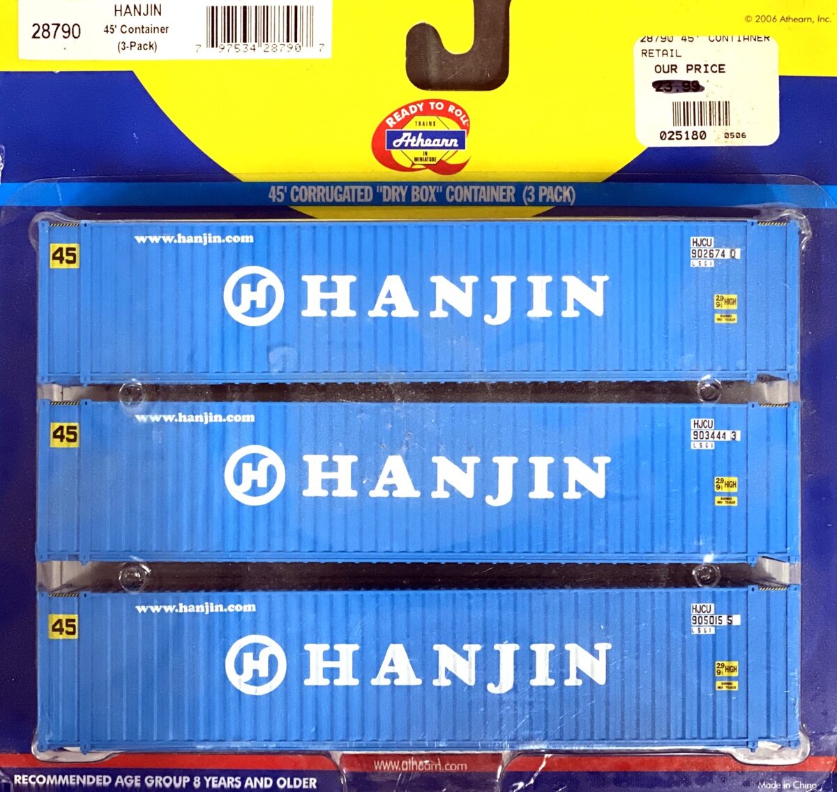 Athearn 28790 HO Scale Hanjin 45' Containers (Pack of 3)