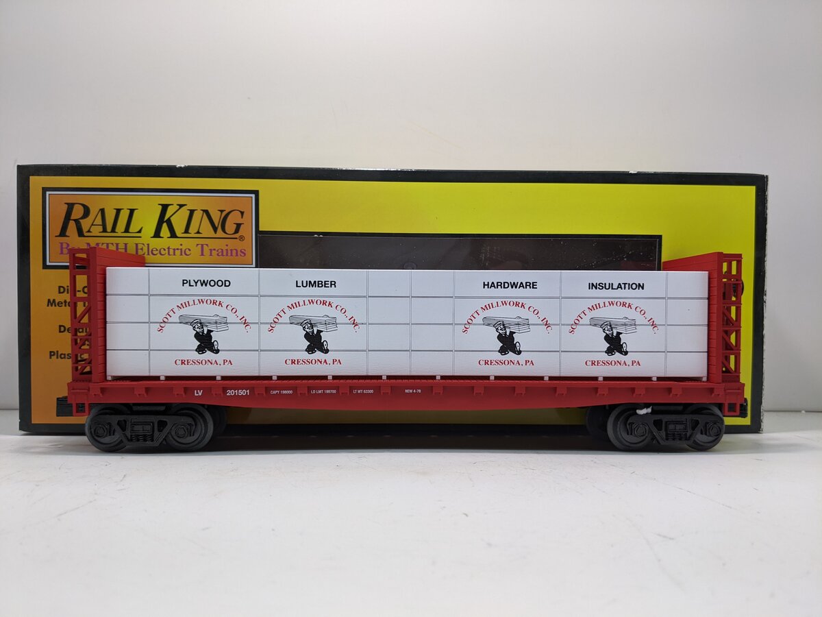 MTH 30-76625 O Scott Millwork Company Flat Car w/ Bulkheads & Load #201501