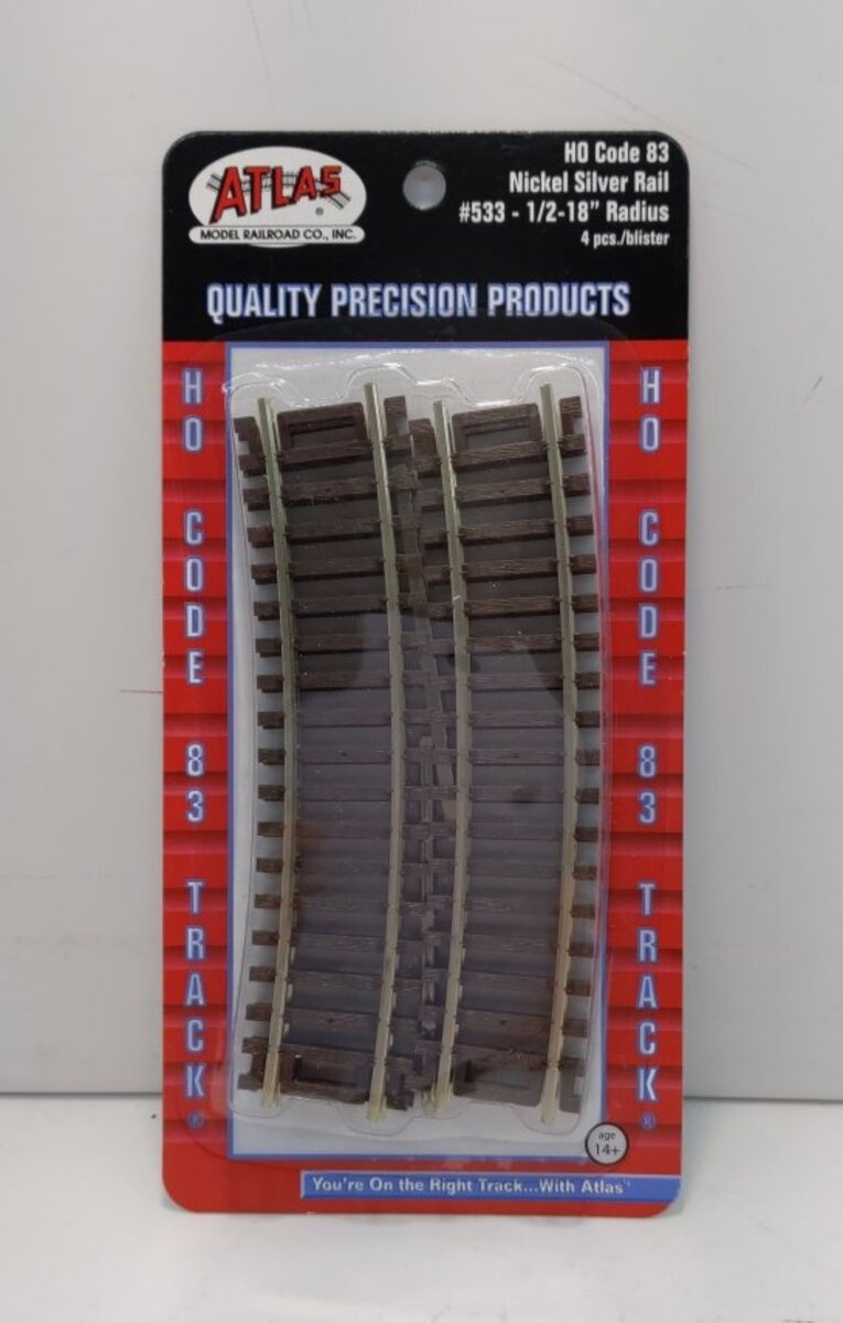 Atlas 533 HO Code 83 Nickel Silver Rail 1/2 18" Radius Curved Track (Pack of 4)