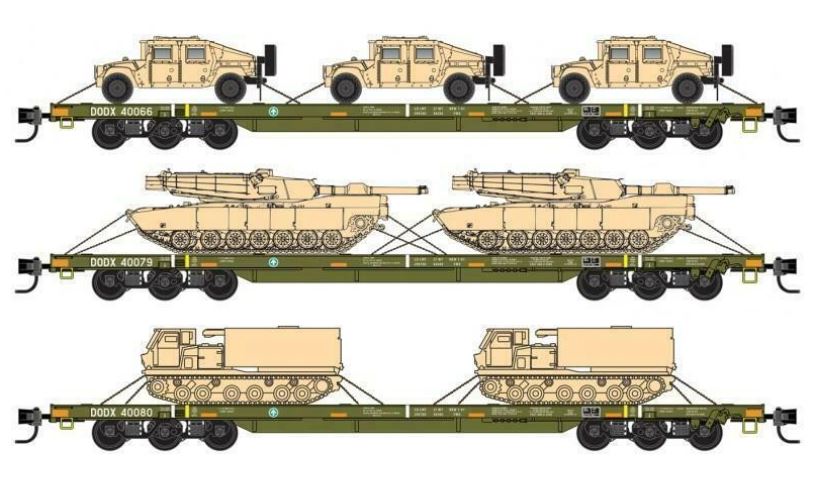Micro-Trains 99301811 N DODX 68' Flat Car w/Military Vehicles (Set of 3)