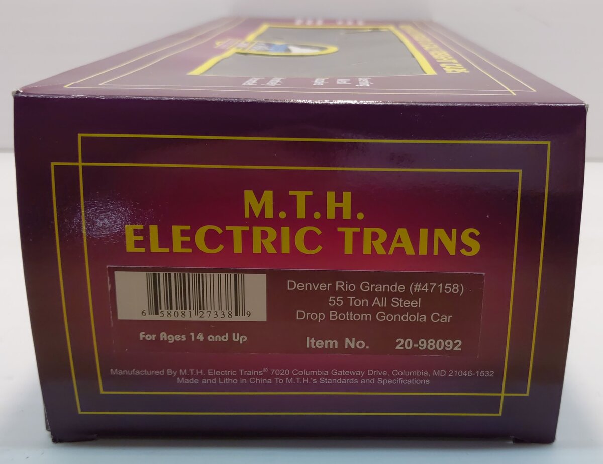 MTH 20-98092 O Gauge D&RGW 55 Ton All Steel Drop Bottom Gondola #47158