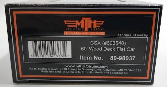 MTH 80-98037 HO Scale CSX 60’ Wood Deck Flat Car #603540