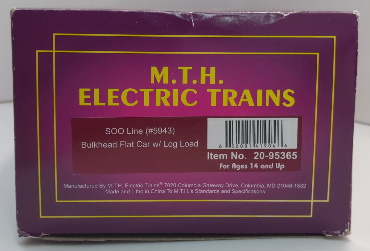 MTH 20-95365 O SOO Line Bulkhead Flat Car with Log Load #5943