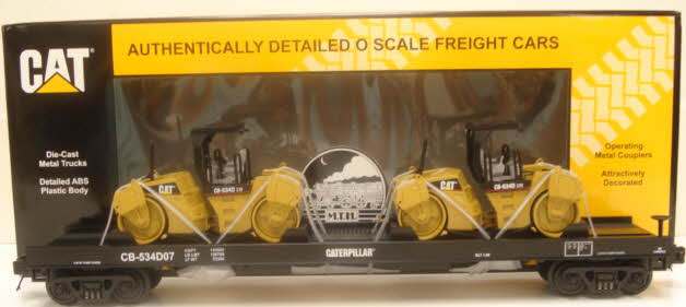 MTH 20-98529 O Caterpillar Flat Car w/ 2 Compactor Loads #CB-534D07