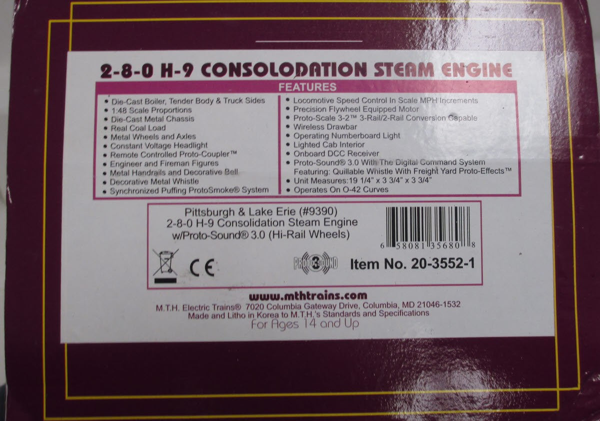 MTH 20-3552-1 O NYC 2-8-0 H-9 Consolidation Steam Engine w/PS3 #9390
