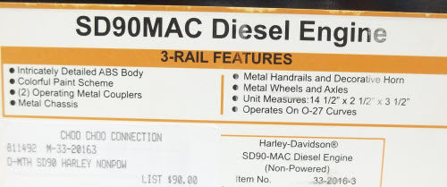 MTH 33-2016-3 Harley Davidson SD90-Mac Non-Powered Diesel Engine #2006