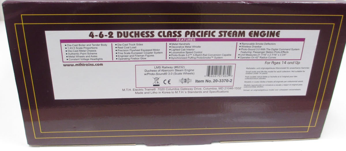 MTH 20-3370-2 LMS Railway Duchess of Abercorn Steam & Tender w/ PS 3.0 #6232