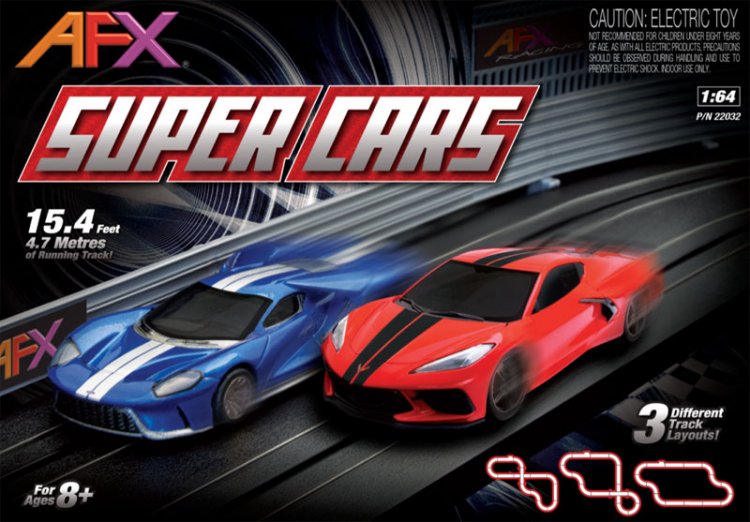 AFX 22032 Super Cars Set;15ft Track,Mega G+ Chassis,Tri-Pack