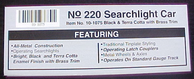 MTH 10-1075 Standard Gauge 220 Black & Terra Cotta Searchlight Car w Brass Trim LN/Box