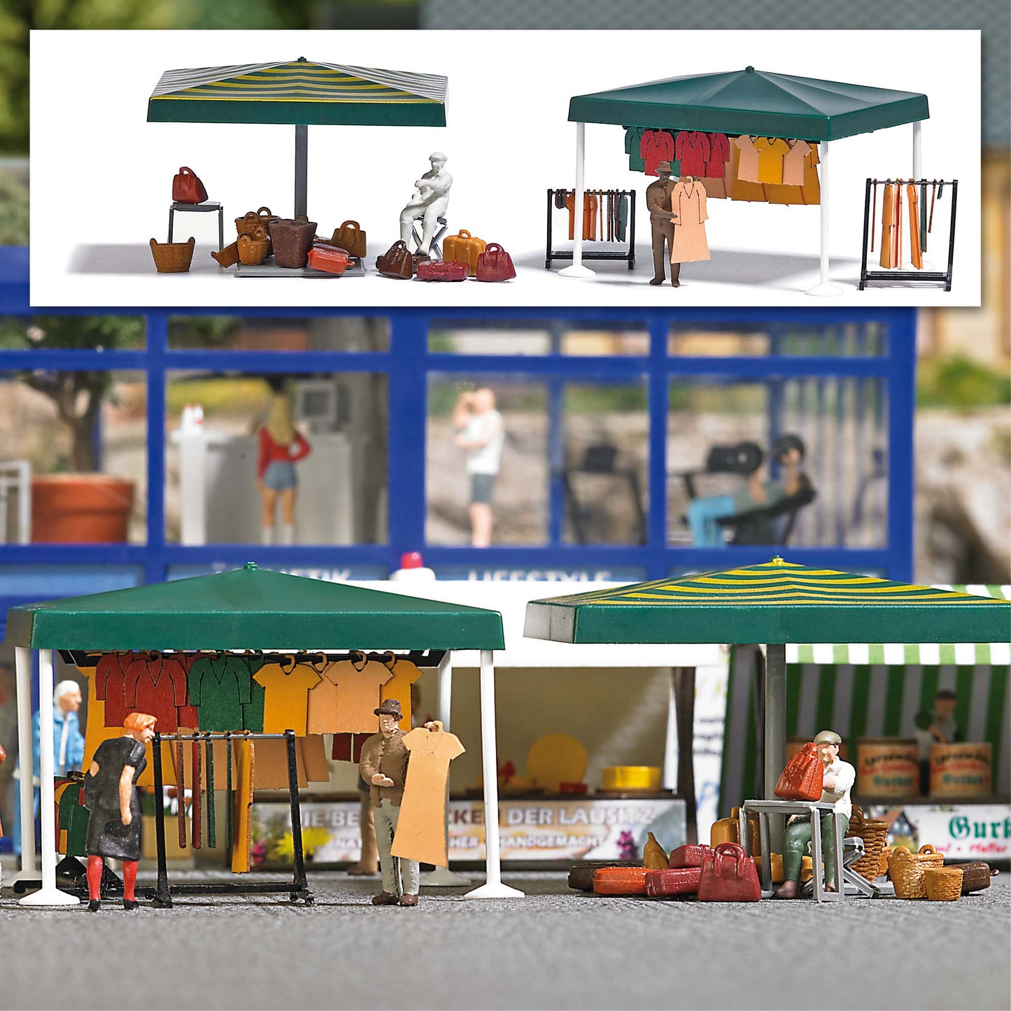 Busch 1825 HO Market Stalls Clothes, Suitcases, Baskets Kit