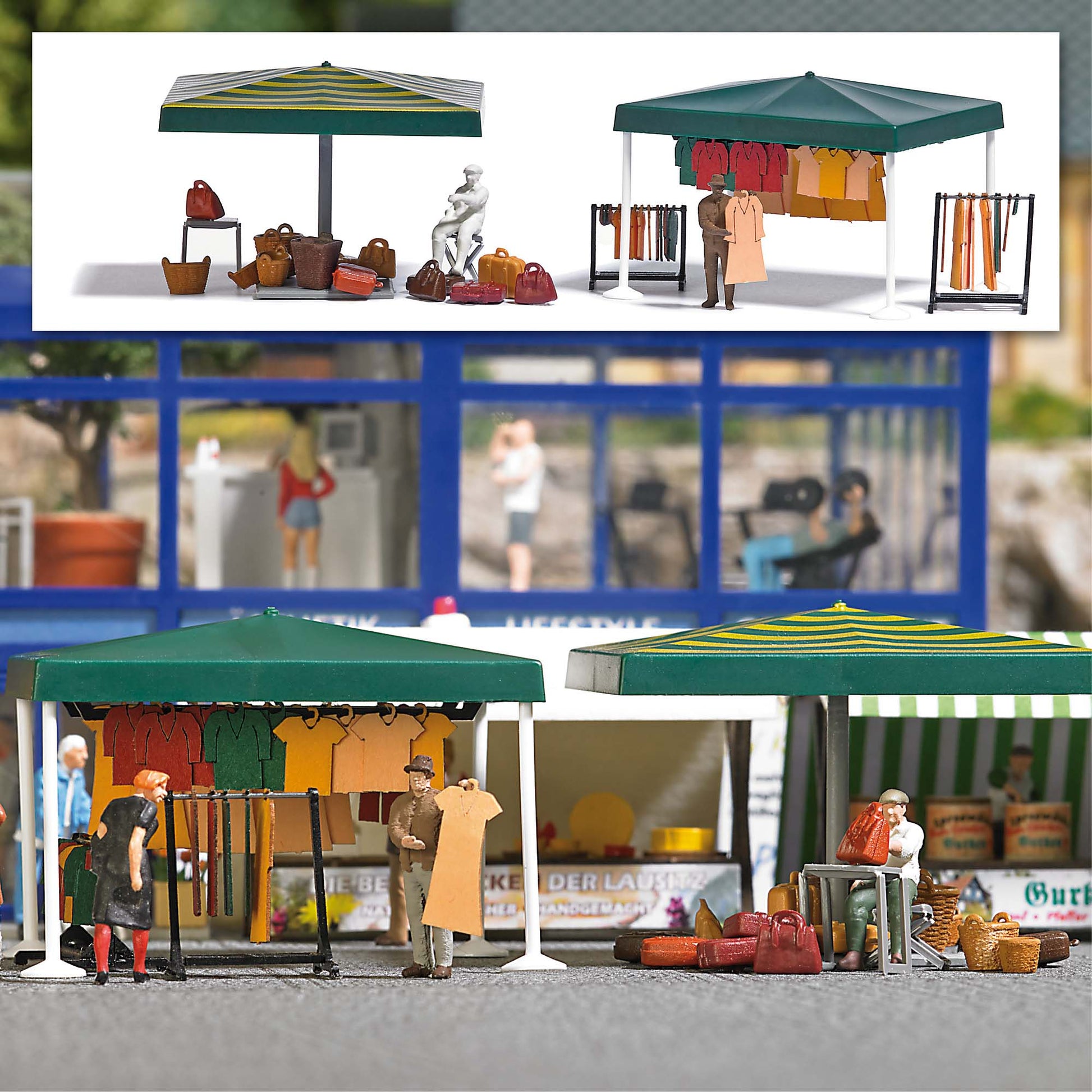 Busch 1825 HO Market Stalls Clothes, Suitcases, Baskets Kit