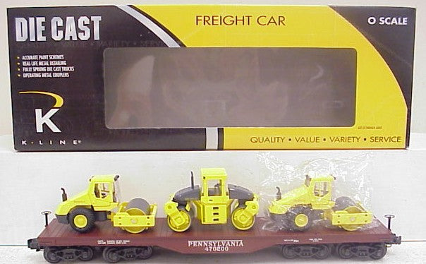 K-Line K693-1891 O Pennsylvania Diecast Flatcar #470200 w/3 Diesel Rollers LN/Box