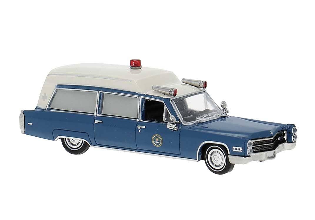 Brekina Automodelle 19781 HO Blue, White FBI 1966 Cadillac Meteor Ambulance