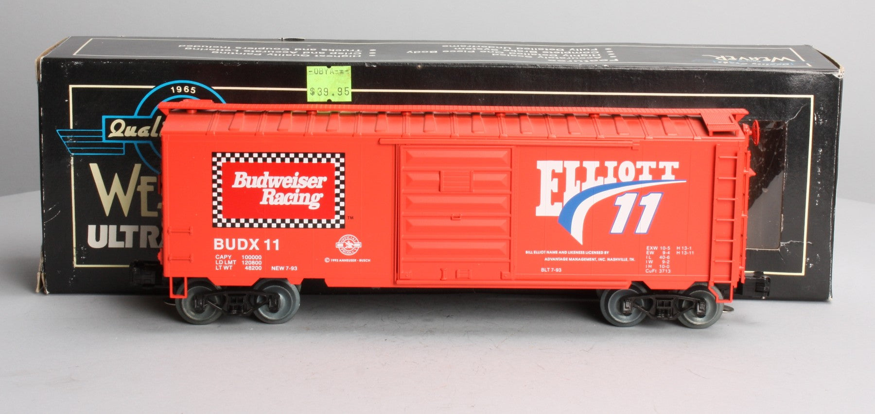Weaver BUDX11 O Gauge Budweiser Racing Bill Elliott Boxcar LN/Box