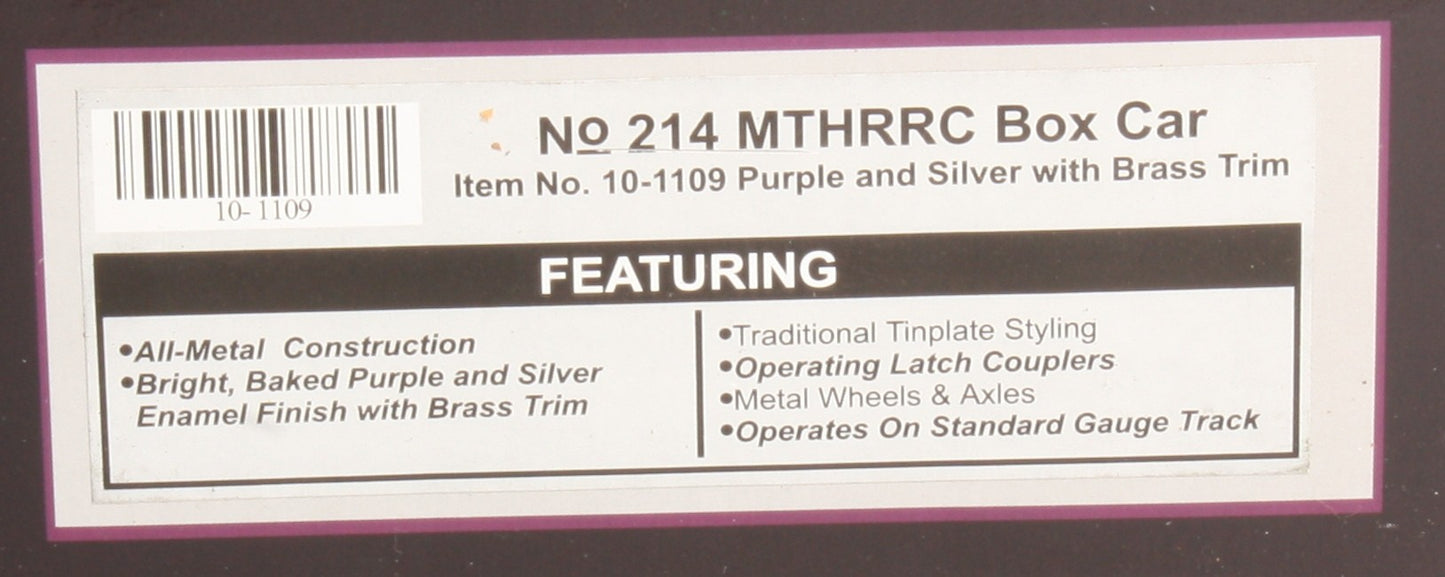 MTH 10-1109 Standard Gauge MTHRRC Purple/Silver Tinplate Boxcar #214 LN/Box