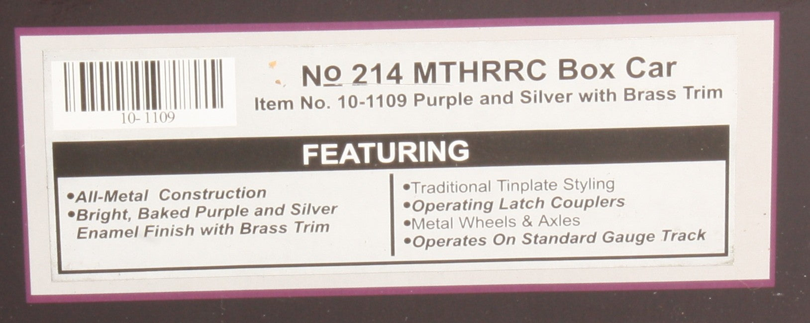 MTH 10-1109 Standard Gauge MTHRRC Purple/Silver Tinplate Boxcar #214 LN/Box