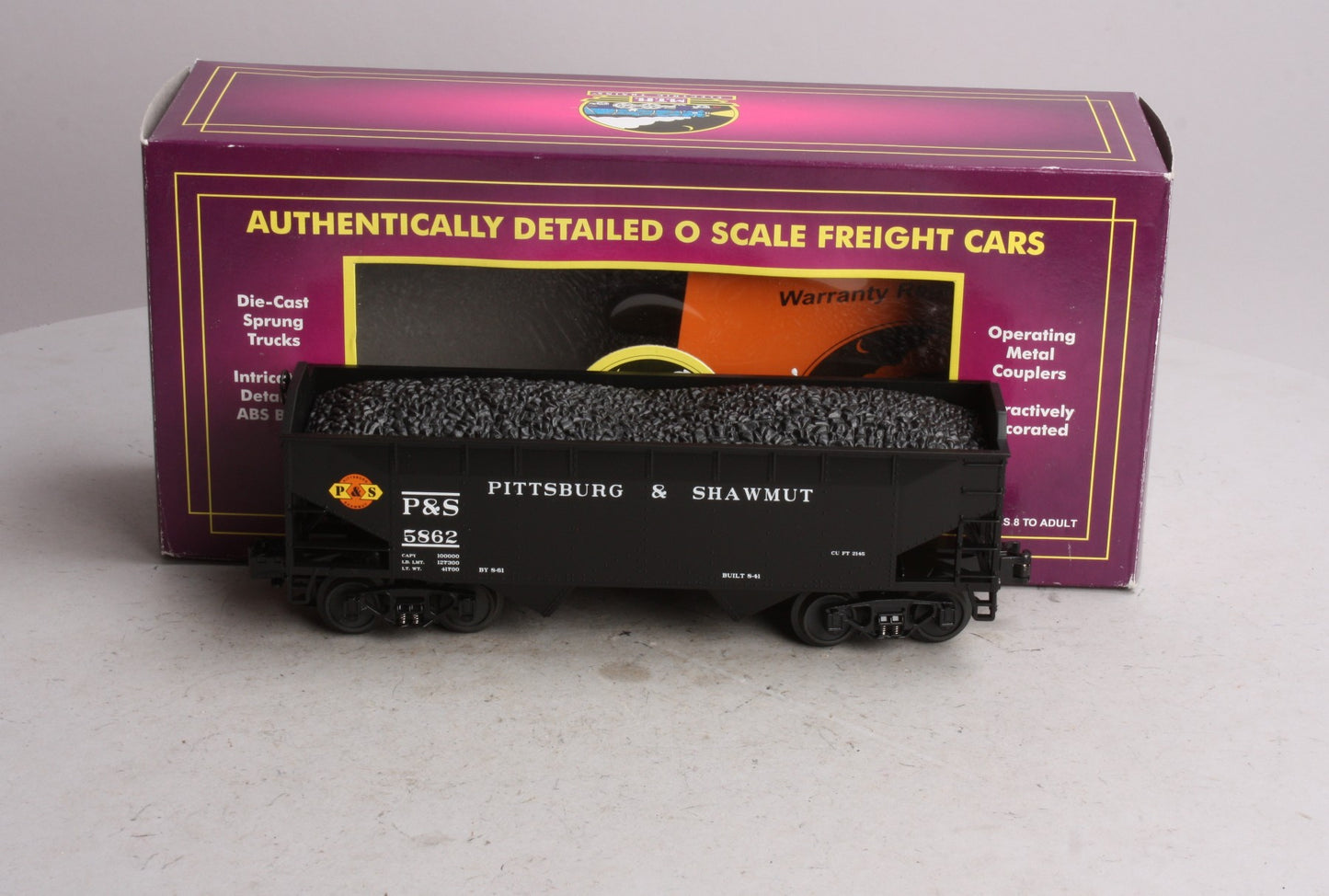 MTH 20-97538 O Pittsburg & Shawmut 2-Bay Hopper Car with Coal Load #5862 EX/Box