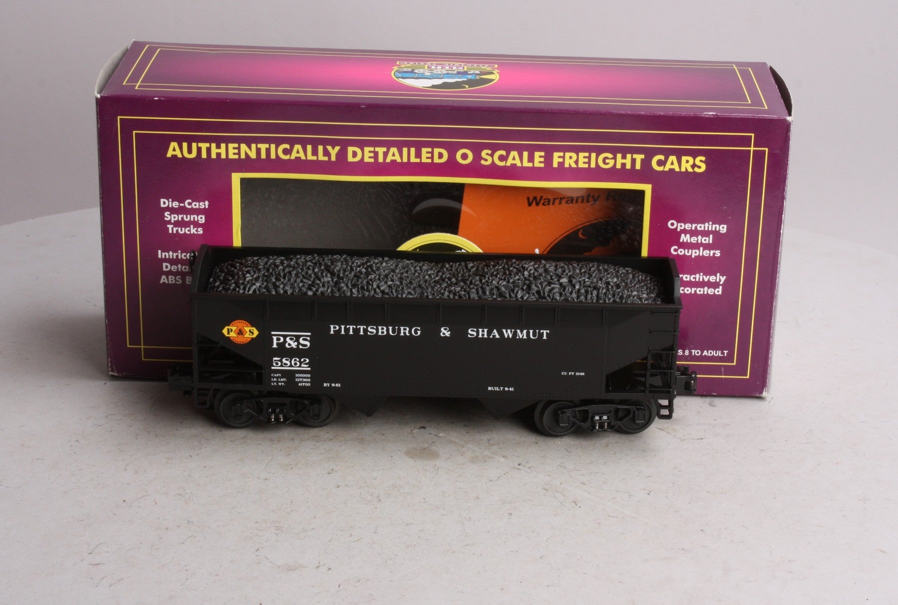 MTH 20-97538 O Pittsburg & Shawmut 2-Bay Hopper Car with Coal Load #5862 LN/Box