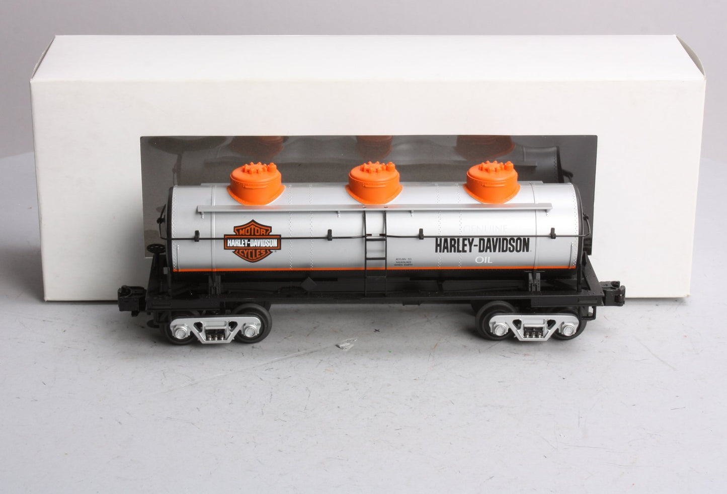 MTH 30-4120B O Gauge Harley Davidson 3-Dome Tank Car LN/Box