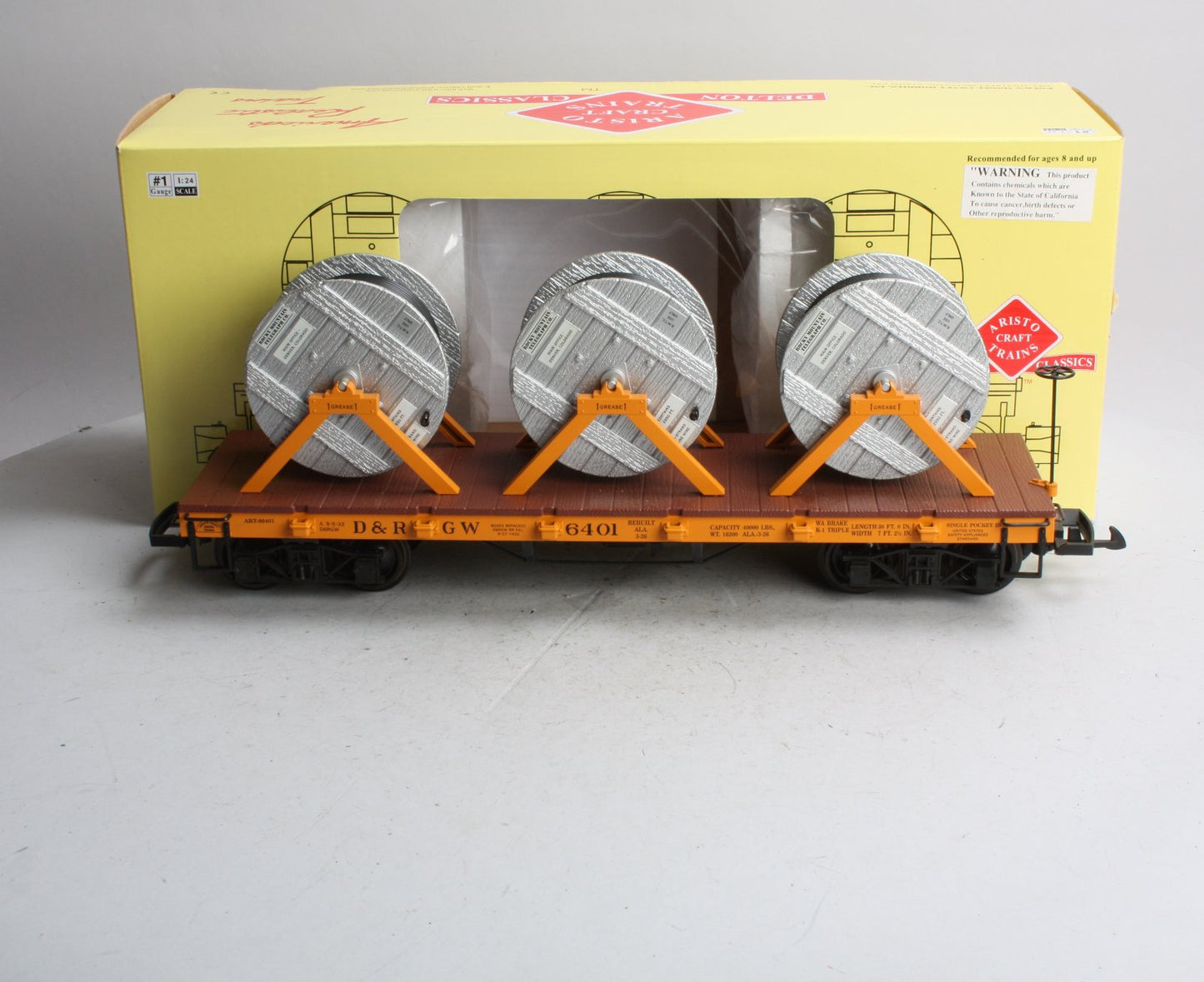 Aristo-Craft 86401 G D&RGW Flatcar w/ Cable Reel Load LN/Box