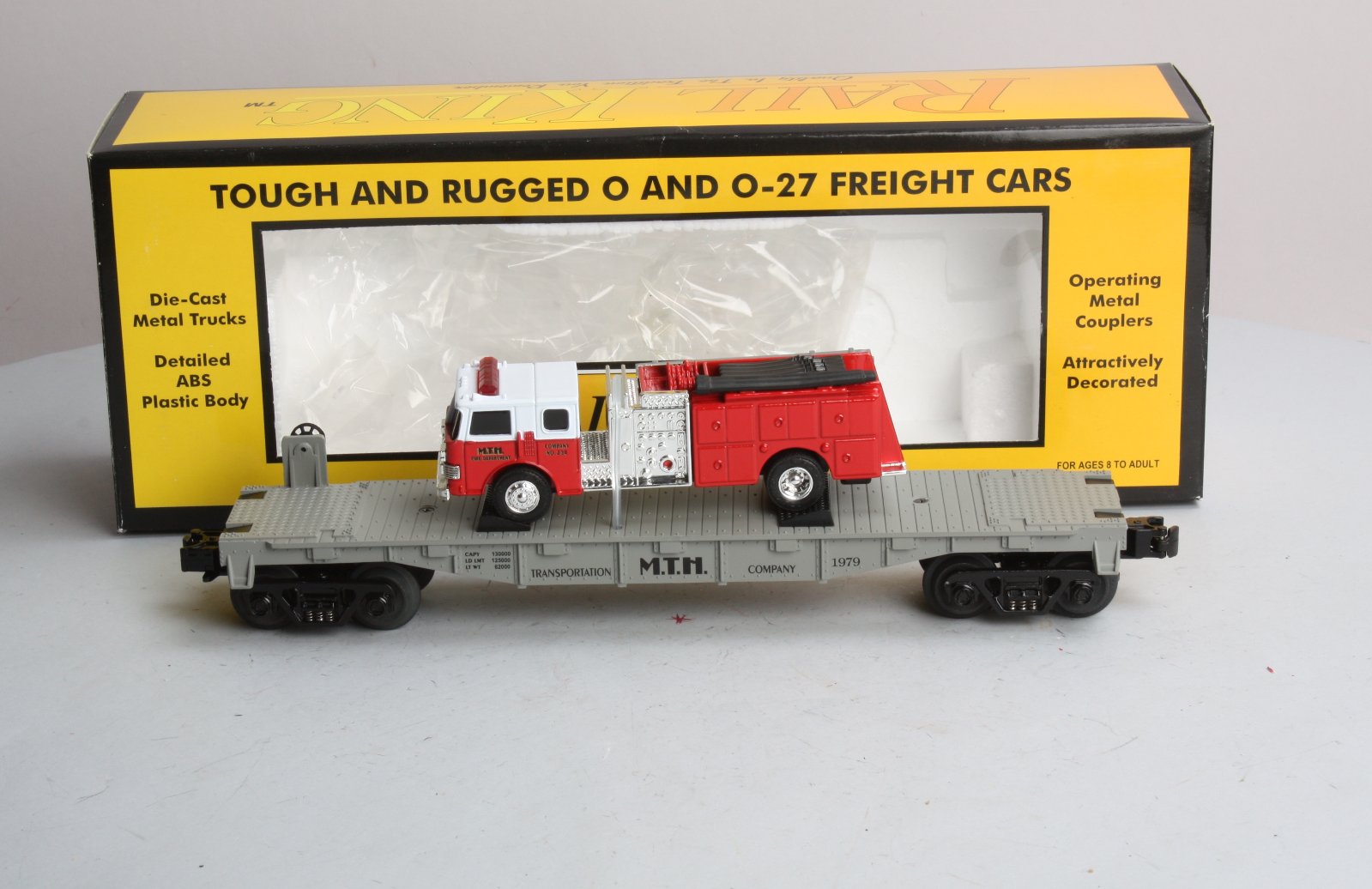 MTH 30-7629 O Gauge Transportation Company Flatcar with Ertl Fire Truck #1979 LN/Box