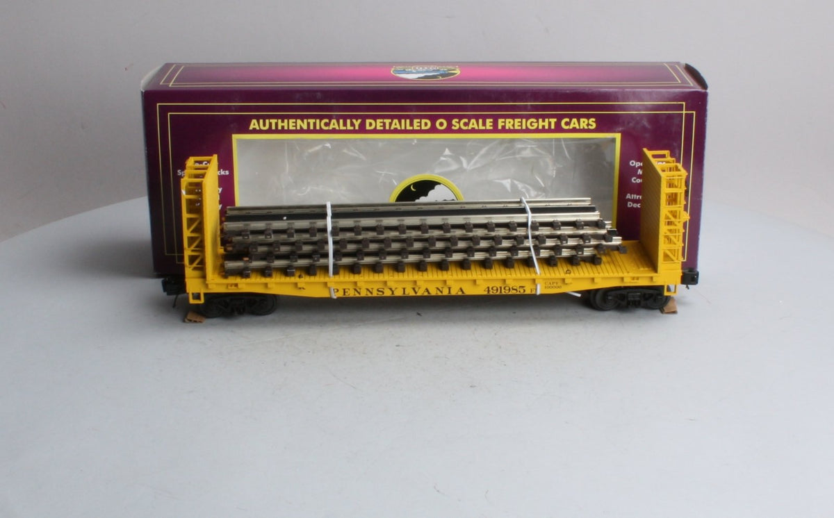 MTH 20-98763 O Gauge Pennsylvania Bulk Head Flat Car W/ Railway Tracks (4) LN/Box