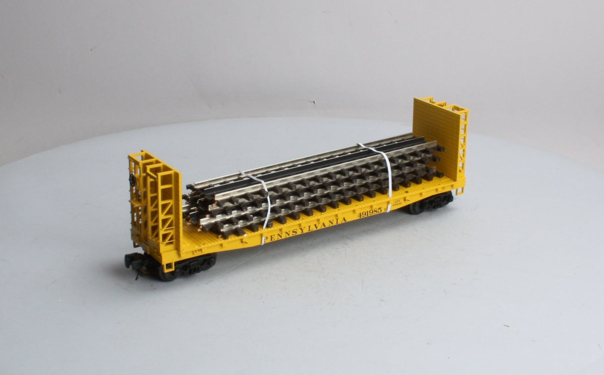 MTH 20-98763 O Gauge Pennsylvania Bulk Head Flat Car W/ Railway Tracks (4) LN/Box