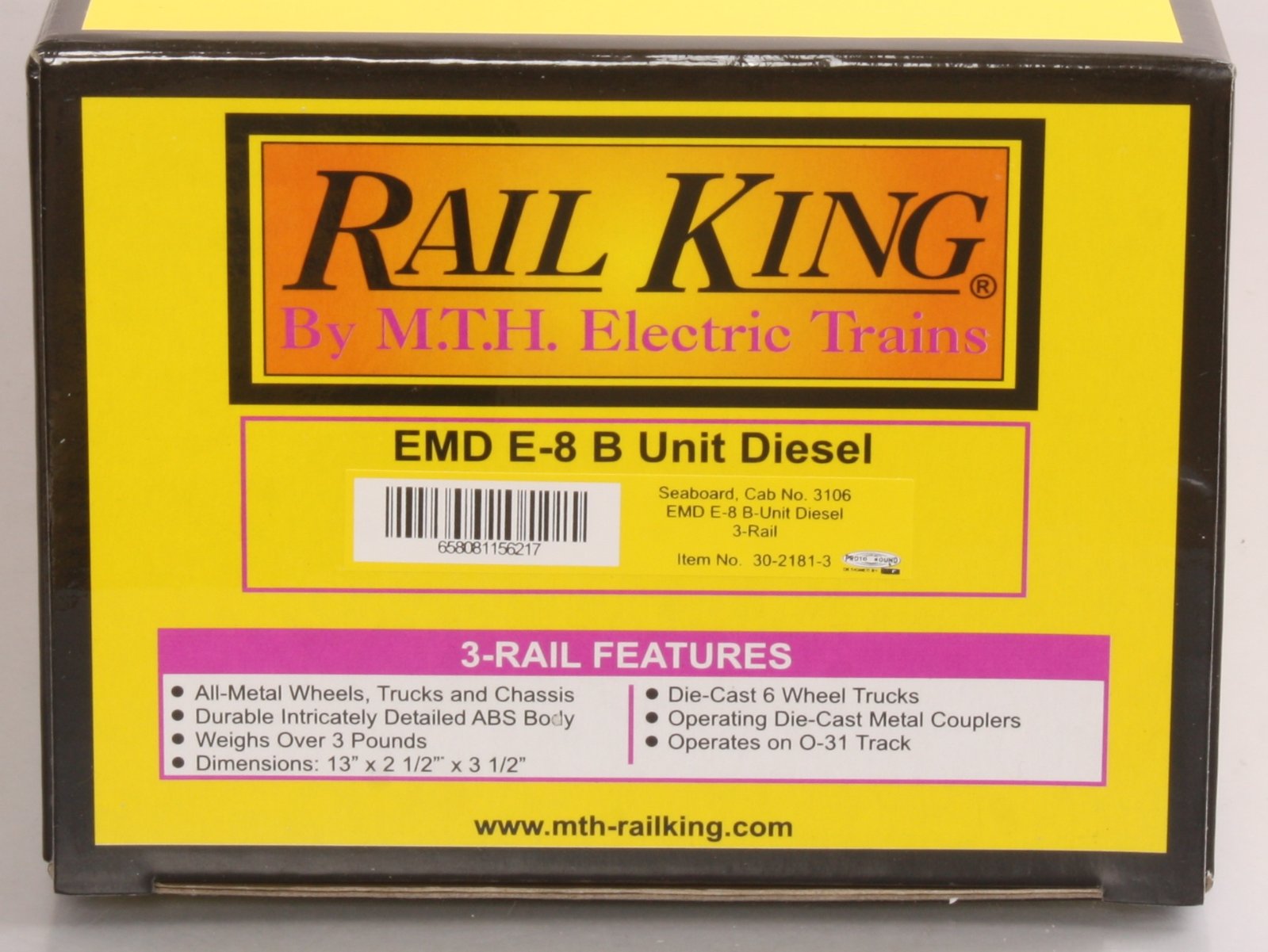 MTH 30-2181-3 O Seaboard EMD E-8 B Unit Non-Powered Diesel Engine #3106 LN/Box