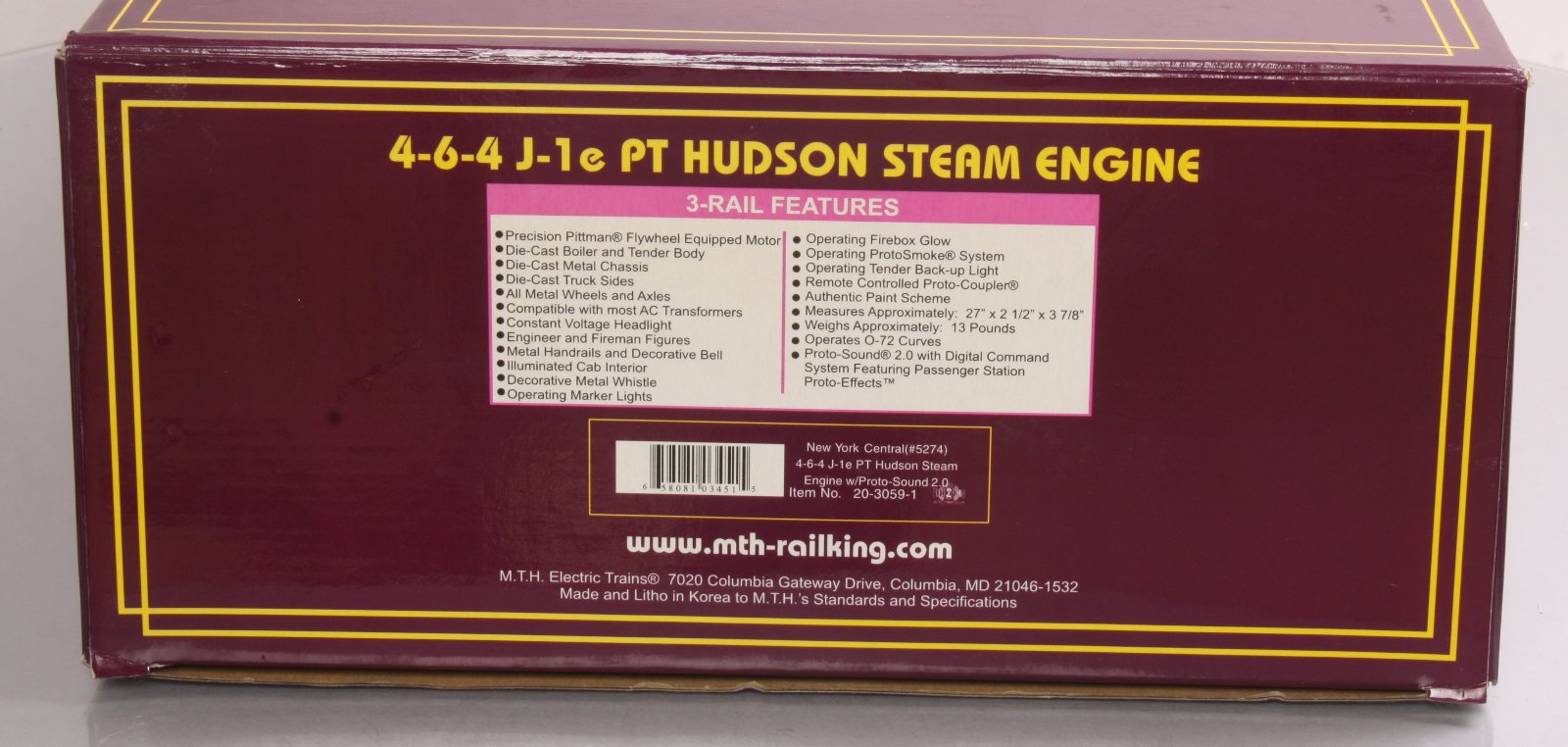 MTH 20-3059-1 O NYC J-1e 4-6-4 Hudson Steam Locomotive & Tender w/PS2 #5274 LN/Box