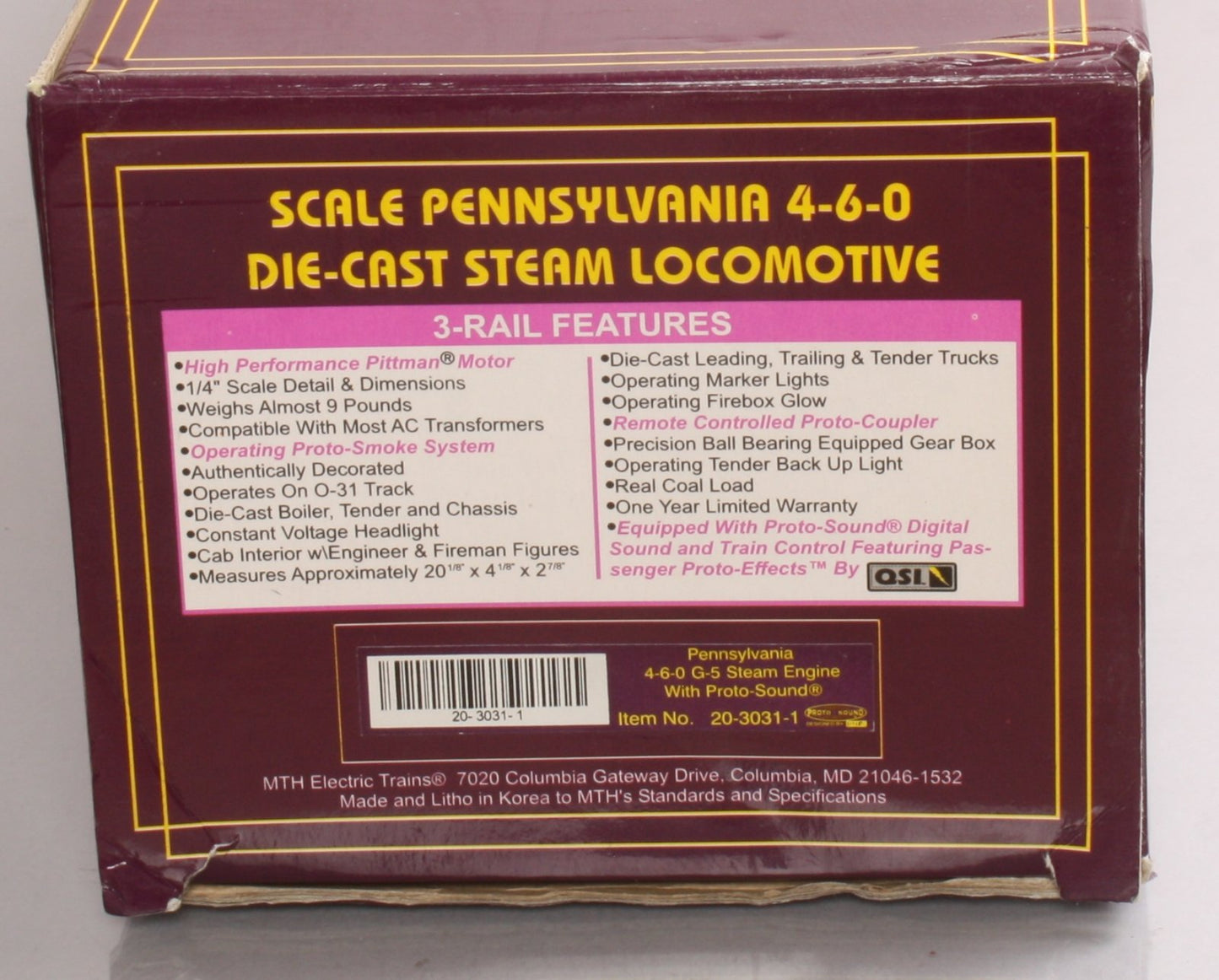 MTH 20-3031-1 O Gauge Pennsylvania Railroad G5 4-6-0 Steam & Tender #5740 w/PS1 LN/Box