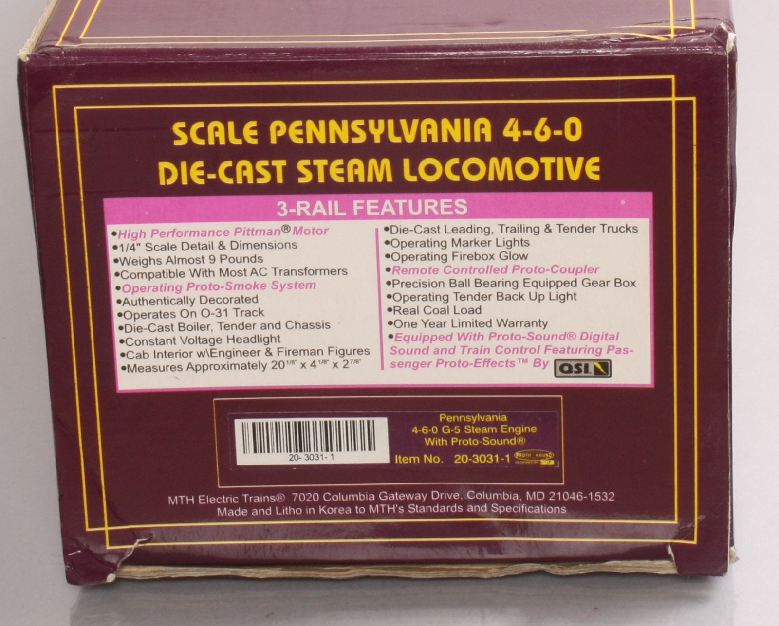 MTH 20-3031-1 O Gauge Pennsylvania Railroad G5 4-6-0 Steam & Tender #5740 w/PS1 LN/Box