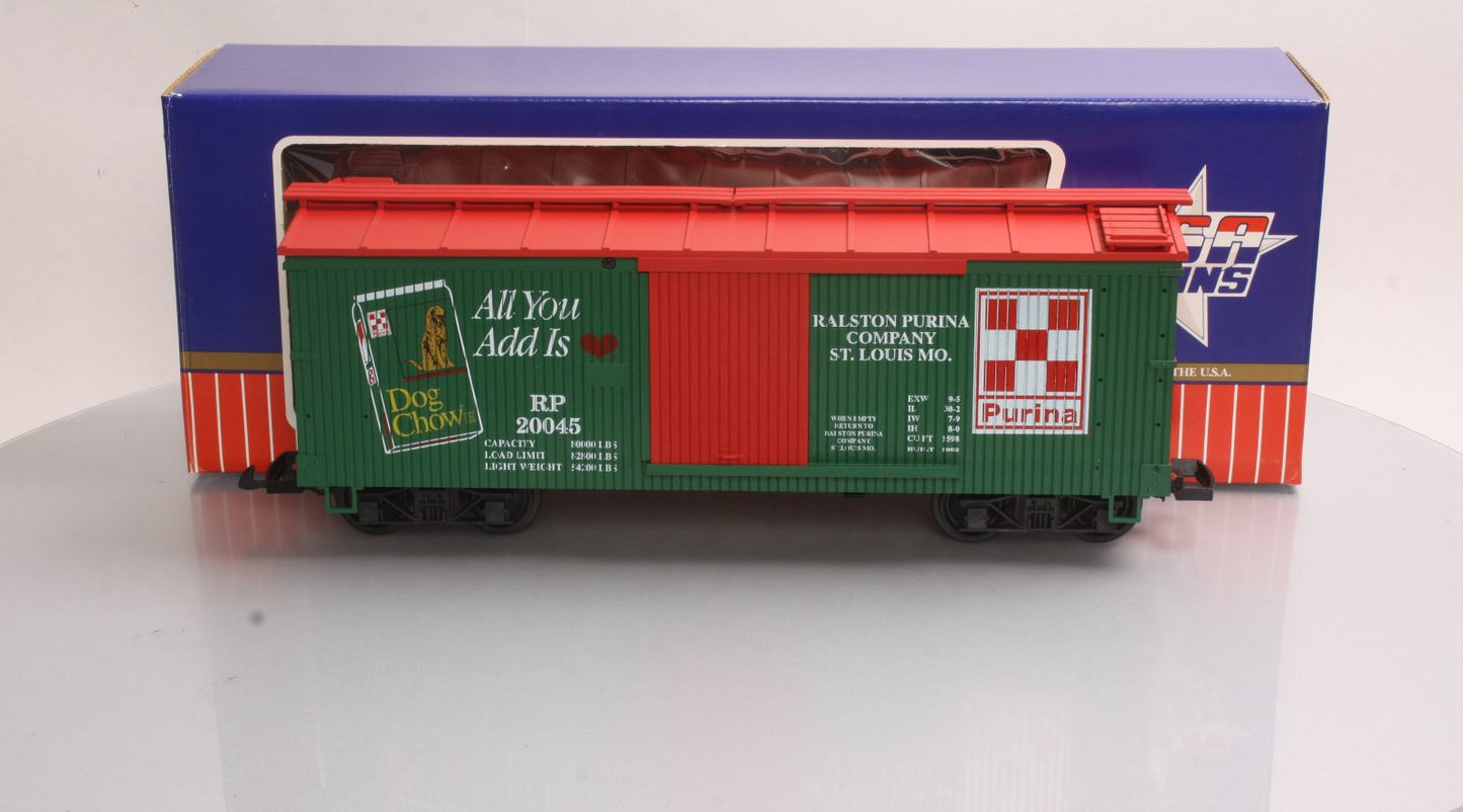 USA Trains 20045 G Purina Dog Chow Boxcar- Plastic Wheels LN/Box