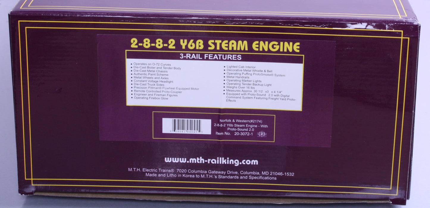 MTH 20-3072-1 O Gauge N&W 2-8-8-2 Y6b Steam Locomotive & Tender w/PS2 #2174 NIB