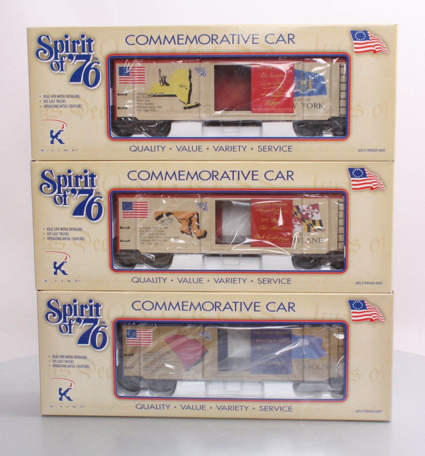 K-Line K761-7604A Spirit of 76 State Boxcars (SC, MD & NY) NIB
