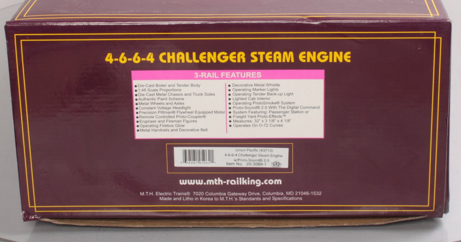 MTH 20-3089-1 Union Pacific 4-6-6-4 Challenger Steam Loco & Tender w/PS2 #3713 LN/Box
