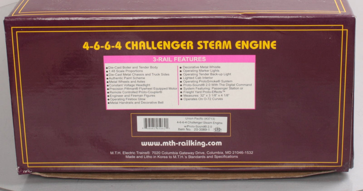 MTH 20-3089-1 Union Pacific 4-6-6-4 Challenger Steam Loco & Tender w/PS2 #3713 LN/Box