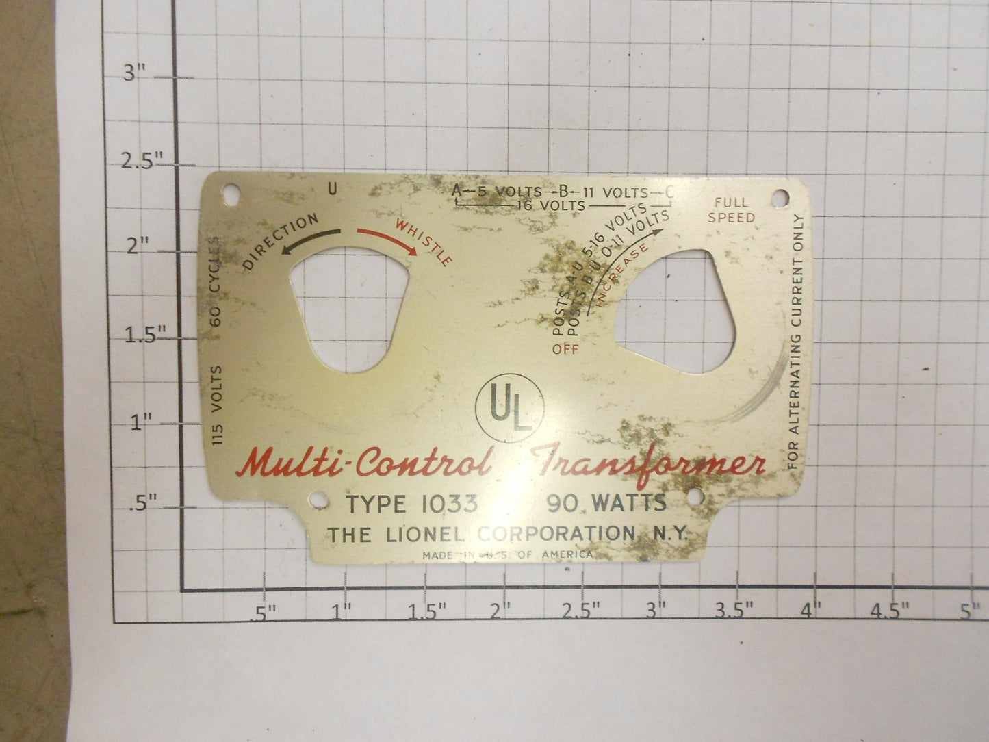 Lionel 1033-25 Transformer Nameplate