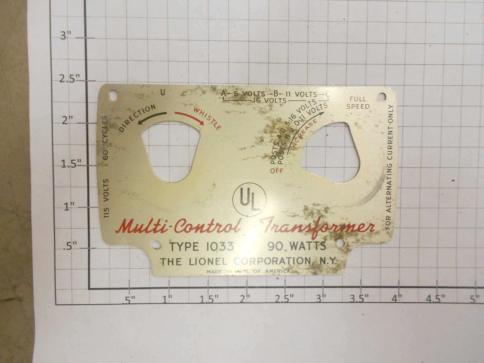 Lionel 1033-25 Transformer Nameplate