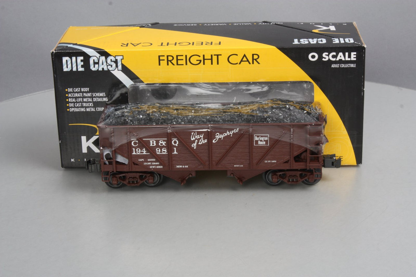 K-Line K6255-1331 O Gauge CB&Q 2-Bay DC Hopper w/ Coal Load #194981 LN/Box