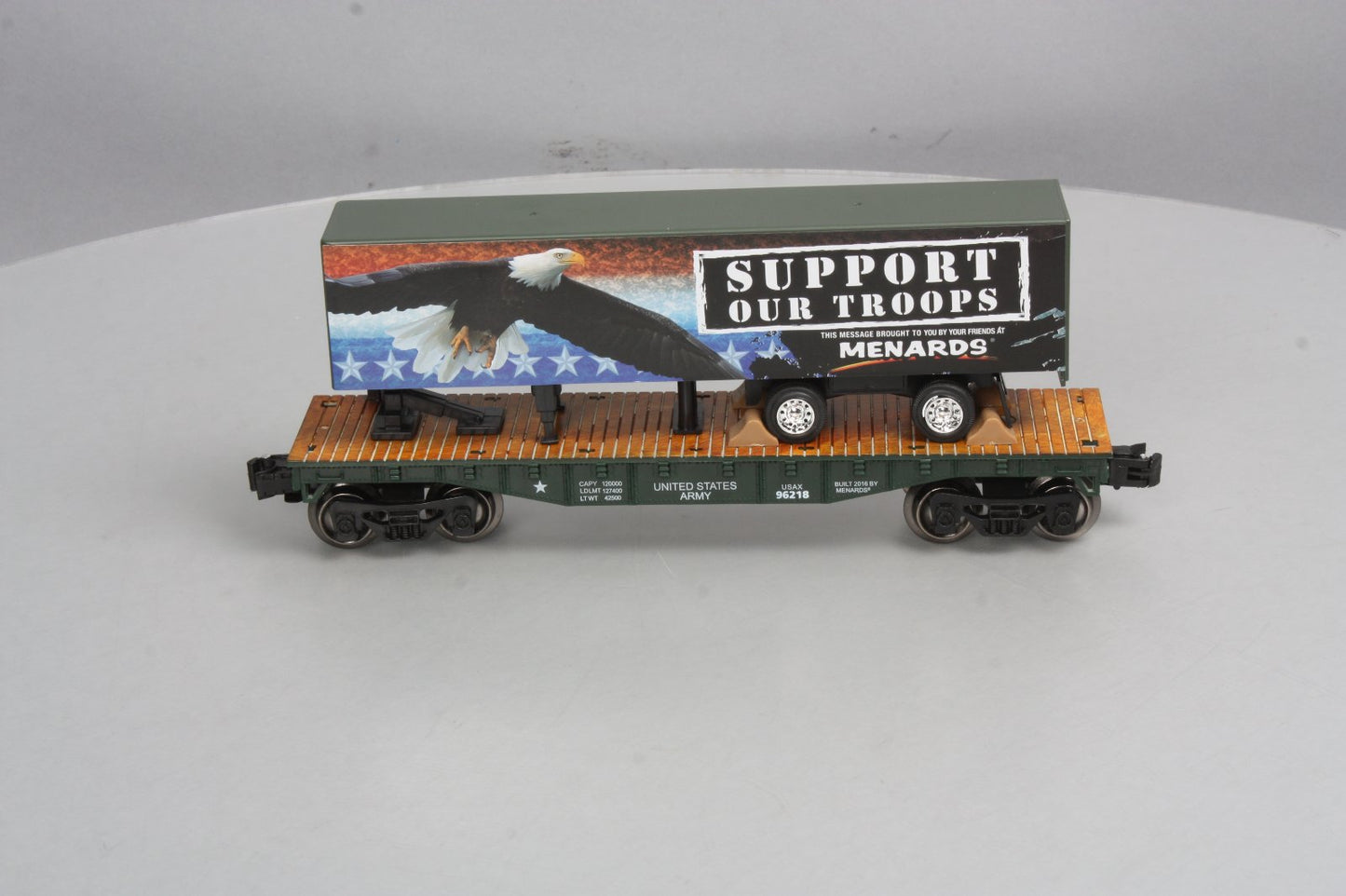 Menards 279-3093 O Gauge Military Flatcar with Support Our Troops Trailer EX/Box