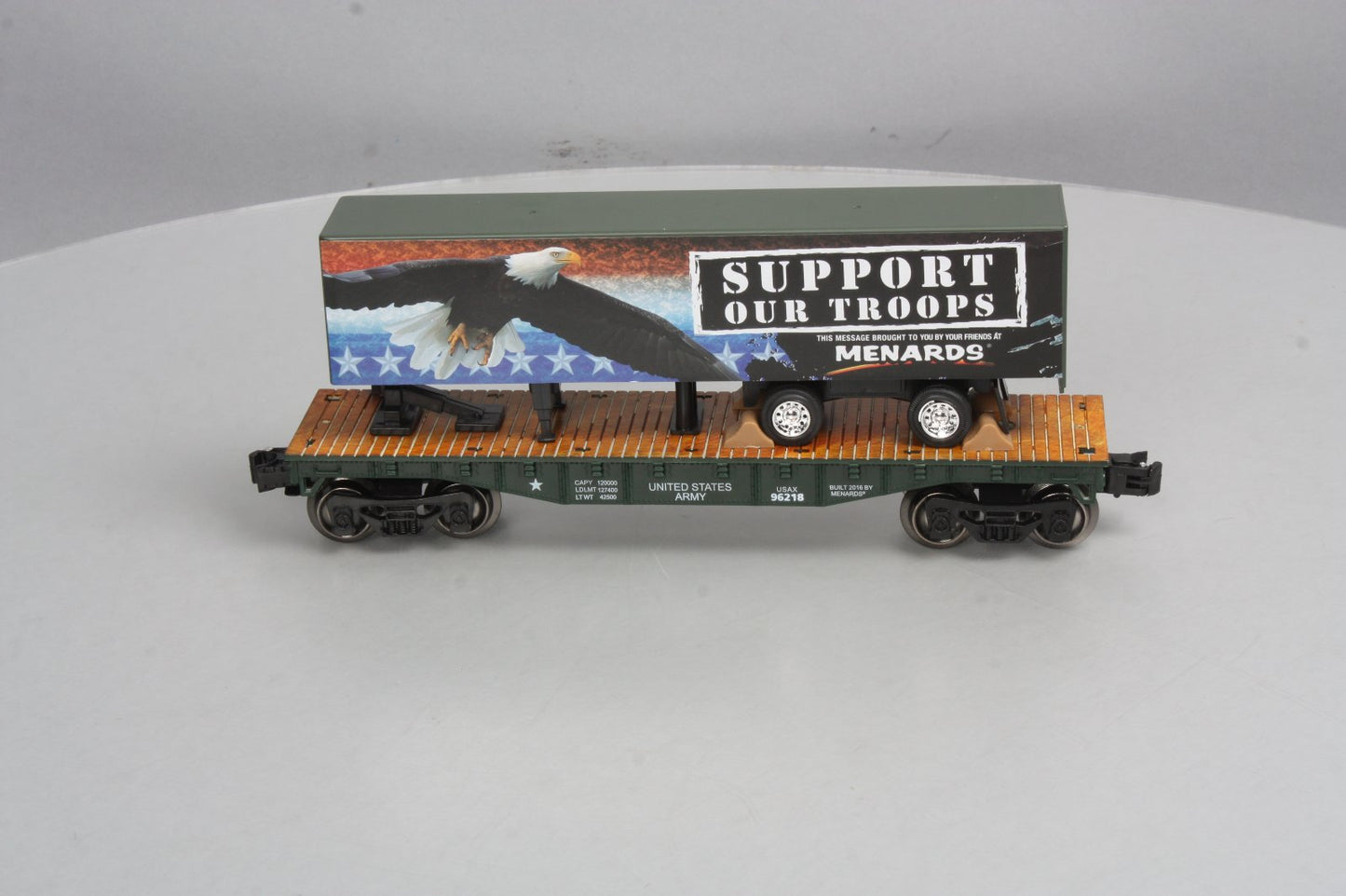 Menards 279-3093 O Gauge Military Flatcar with Support Our Troops Trailer EX/Box