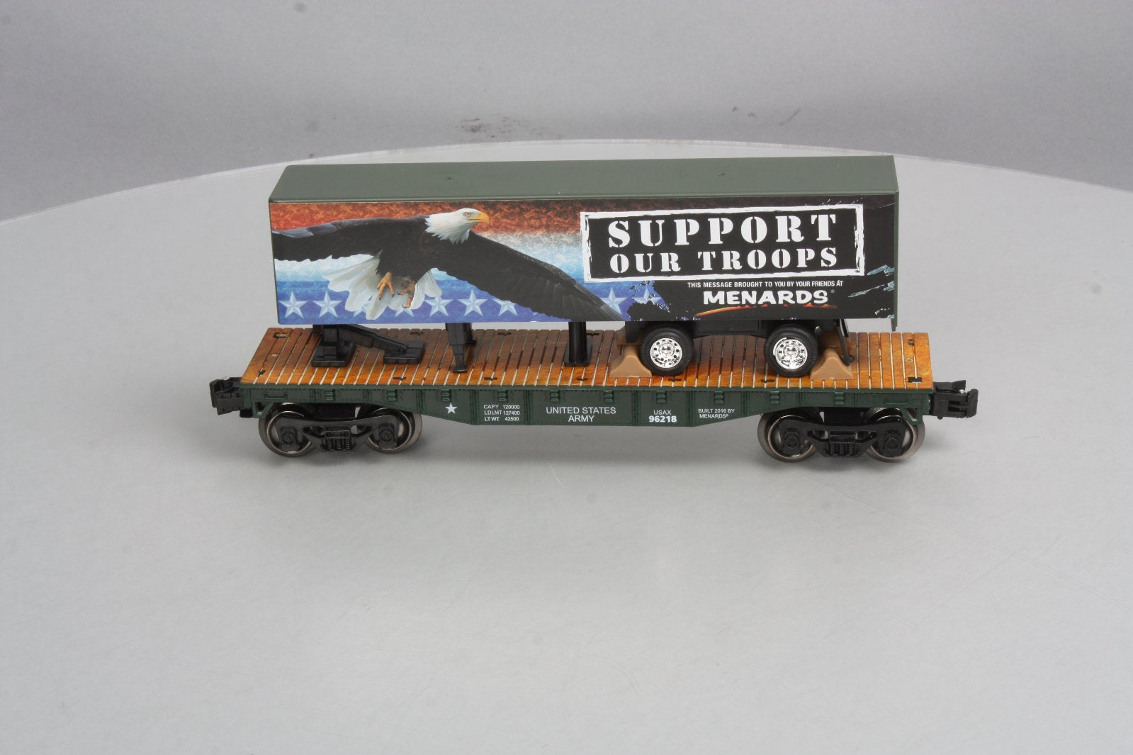 Menards 279-3093 O Gauge Military Flatcar with Support Our Troops Trailer EX/Box