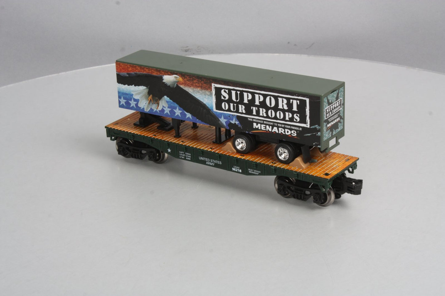Menards 279-3093 O Gauge Military Flatcar with Support Our Troops Trailer EX/Box