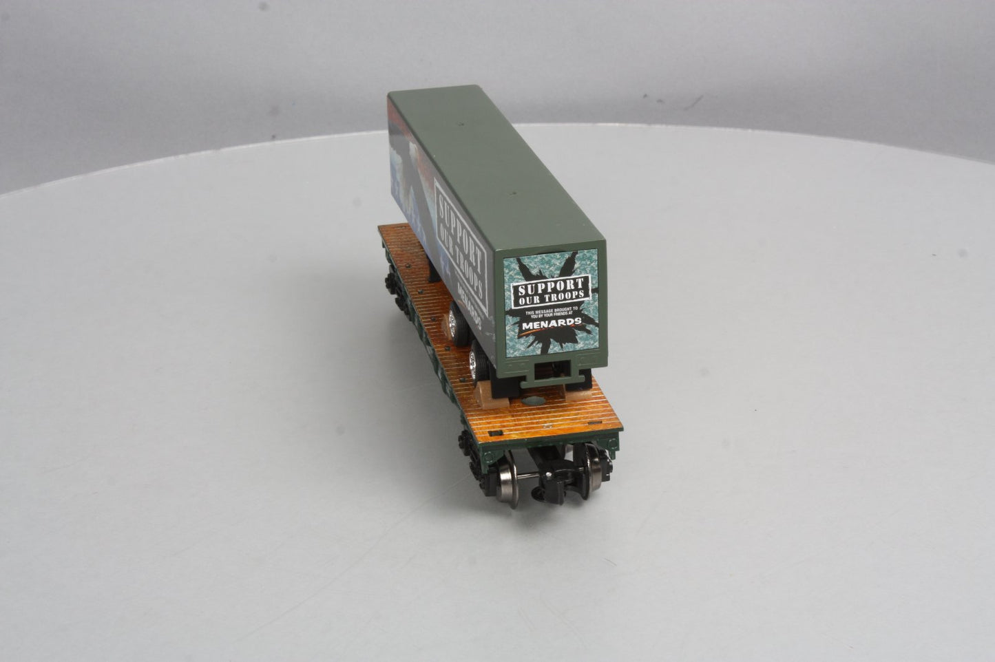Menards 279-3093 O Gauge Military Flatcar with Support Our Troops Trailer EX/Box