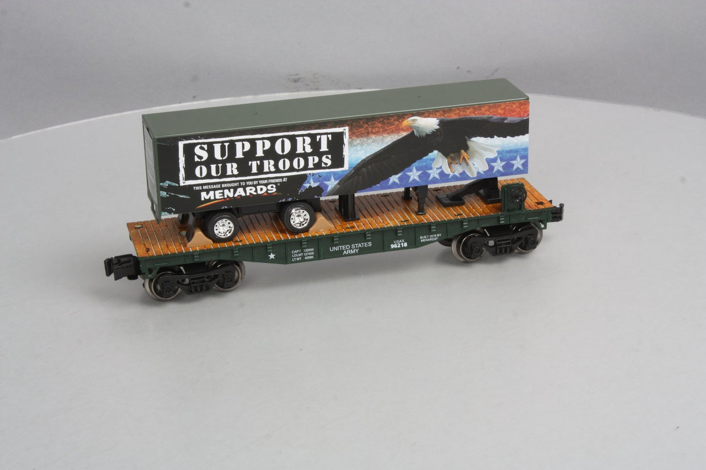 Menards 279-3093 O Gauge Military Flatcar with Support Our Troops Trailer EX/Box