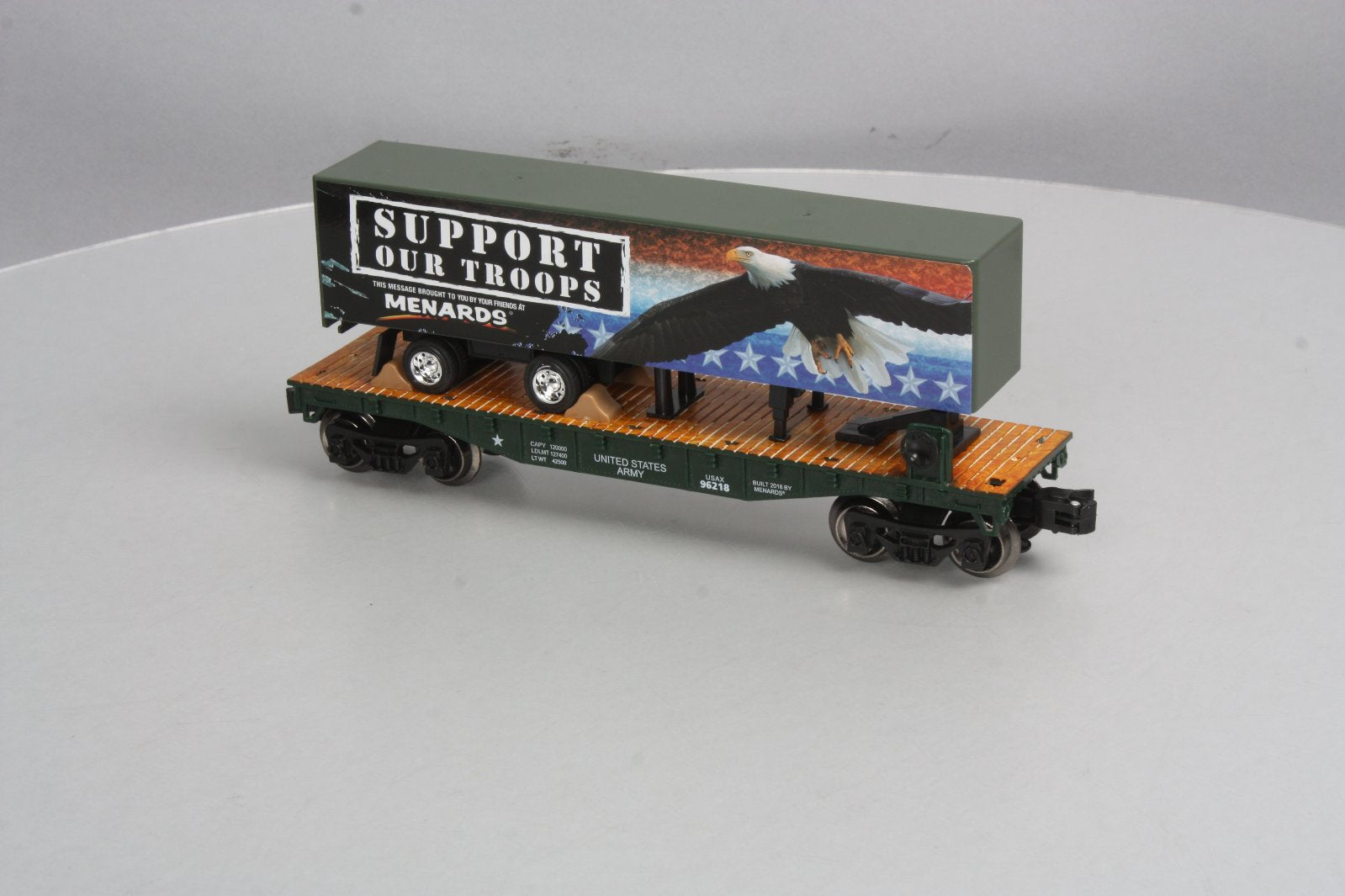 Menards 279-3093 O Gauge Military Flatcar with Support Our Troops Trailer EX/Box